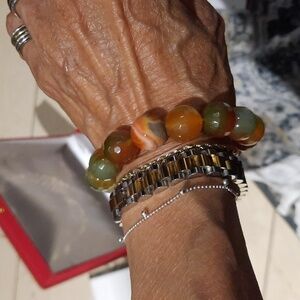 New Genuine Real Chunky Faceted 15mm Green Orange Agate Stretchy Beaded Bracelet